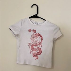 Bershka White Red Dragon Crop T Shirt